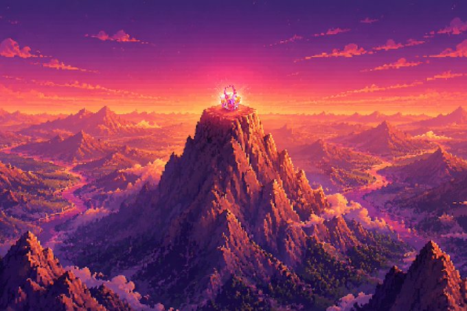 A vibrant pixel art landscape depicts a towering mountain peak bathed in pink and orange sunset hues, with a tiny crowned figure standing at the summit surrounded by clouds and distant mountains.
