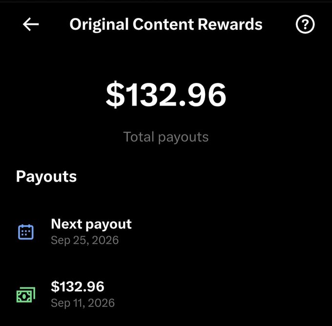 A screenshot of an "Original Content Rewards" page displays total payouts of $132.96, with the most recent payout of $132.96 on Sep 11, 2026, and the next payout scheduled for Sep 25, 2026, supporting the user's post celebrating their first X (Twitter) payout.