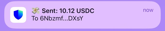 A notification shows 10.12 USDC sent to the wallet address starting with "6Nbzmf...DXsY", illustrating a transaction from the user's Pumpfun profile.