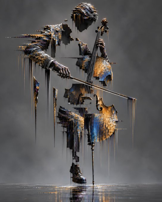 A fragmented, painterly figure of a musician playing a bowed string instrument appears with dripping textures against a smoky gray background.