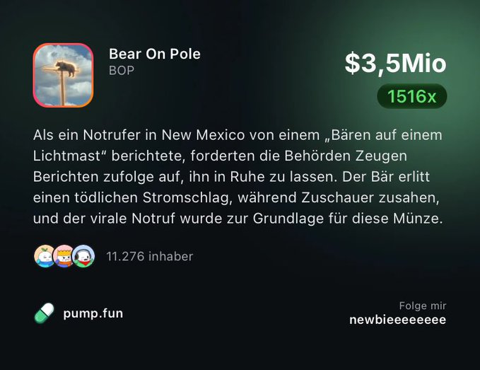 A cryptocurrency token page for 'Bear On Pole' (BOP) showing a market cap of $3.5 million with 1516x returns, featuring German text about a viral bear emergency call from New Mexico.