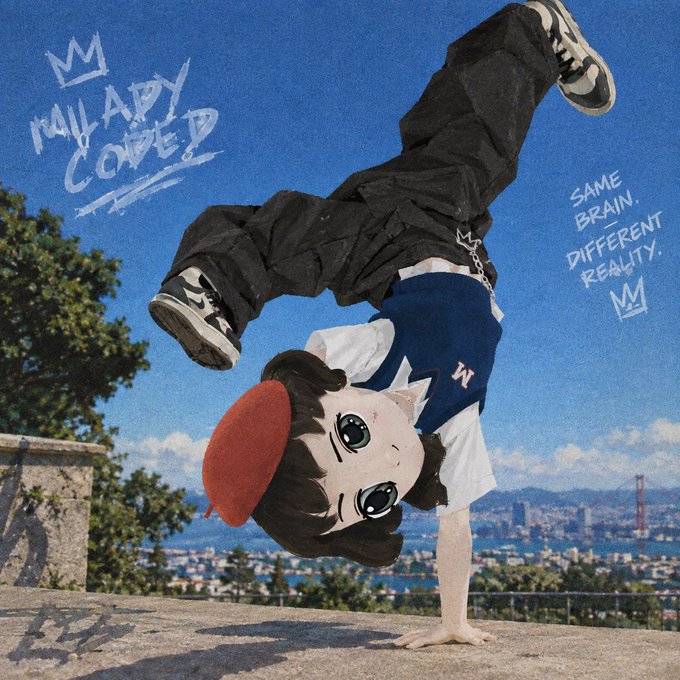 An animated Milady character performs a one-handed handstand on a concrete ledge with a cityscape and bay in the background, overlaid with graffiti-style text reading "MILADY COVERED" with a crown logo and "SAME BRAIN. DIFFERENT REALITY." The image functions as promotional "cover art" for Milady's cultural commentary, with the post suggesting that crypto stocks now require Ethereum to move, framing this dependency as leverage rather than mere narrative.