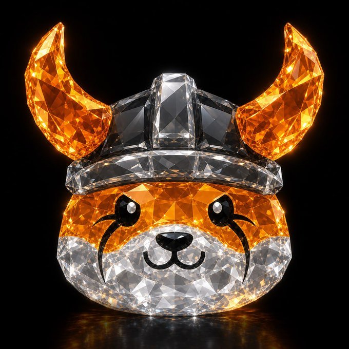 A 3D-rendered, faceted gemstone-style character shaped like a bull's head with glowing orange horns and a Viking helmet, displayed against a black background.