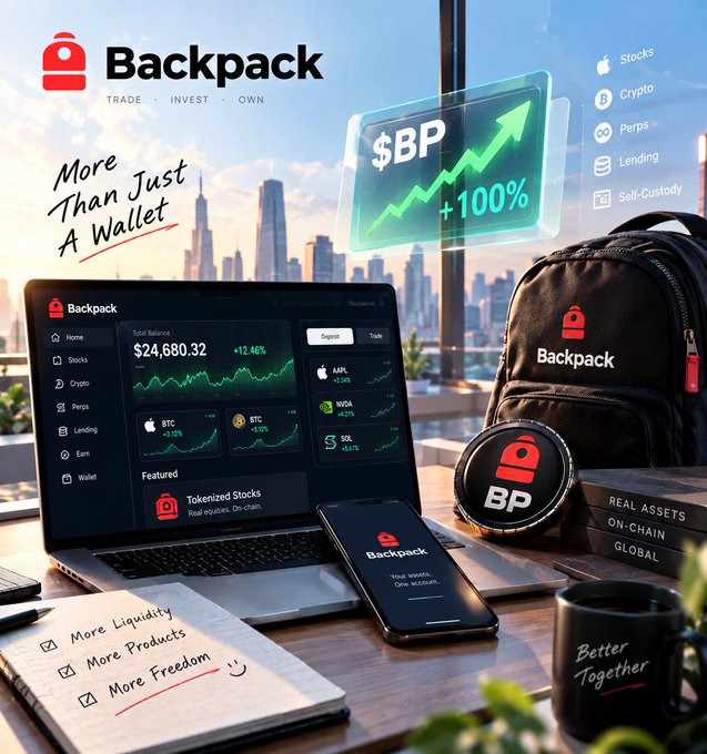 An advertisement for 'Backpack' cryptocurrency wallet showing a laptop, smartphone, and backpack with text 'More Than Just A Wallet' and a $BP token graphic displaying '+100%'.