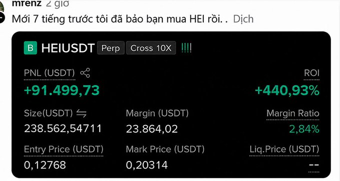 A trading screenshot showing a long position on the HEIUSDT perpetual contract with a 10X cross leverage, displaying profits of +91,499.73 USDT (+440.93% ROI) from an entry price of 0.12768 to a mark price of 0.20314, which the poster credits to a Discord member "renz" who called the buy 7 hours earlier.
