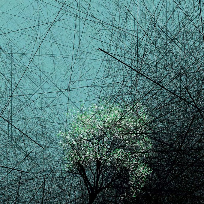A surreal image showing a tree with bright green leaves viewed through a dense, intricate web of dark, thread-like lines against a teal sky.