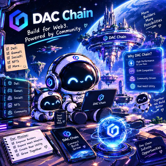 A colorful, anime-style promotional poster for 'DAC Chain' featuring cute robot characters and text highlighting features like 'DeFi', 'GameFi', 'SocialFi', 'NFTs', 'EVM Compatible', and 'Community Driven'.