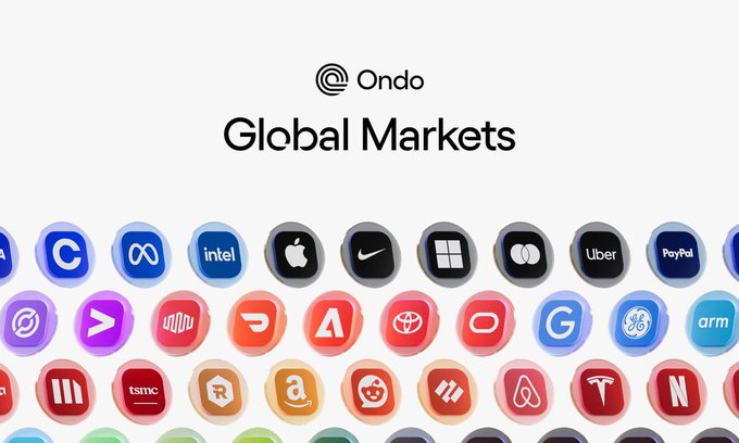 The image features a white background with various logos and icons, including a large "Ondo" logo at the top of the frame. Below this, there are multiple smaller logos representing different companies or organizations such as Apple, Nike, Paypal, and others. The text "Global Markets" is also present in the image.