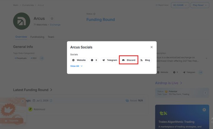 A webpage for 'Arcus' showing a 'Funding Round' status, with an 'Arcus Socials' popup highlighting the Discord link with a red box drawn around it.