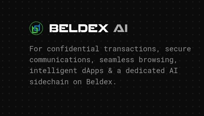 Black promotional graphic for 'BELDEX AI' describing it as an AI sidechain for confidential transactions, security, and intelligent dApps on Beldex.