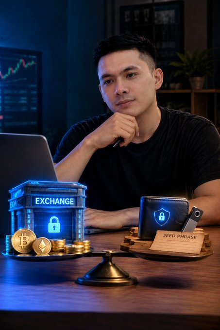 A young man sits thoughtfully at a desk with a laptop, alongside glowing crypto-themed props including an 'EXCHANGE' bank model with a padlock, stacks of Bitcoin and Ethereum coins, a wallet displaying a lock icon, and a 'SEED PHRASE' note.