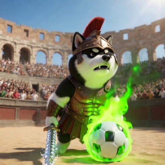 In the image, there is a dog that appears to be dressed as Roman soldiers holding a soccer ball (or football). It has a green fire coming from its mouth or behind his back, adding an element of danger or excitement to the scene. The caption also provides information about the creator and a reference to another post.