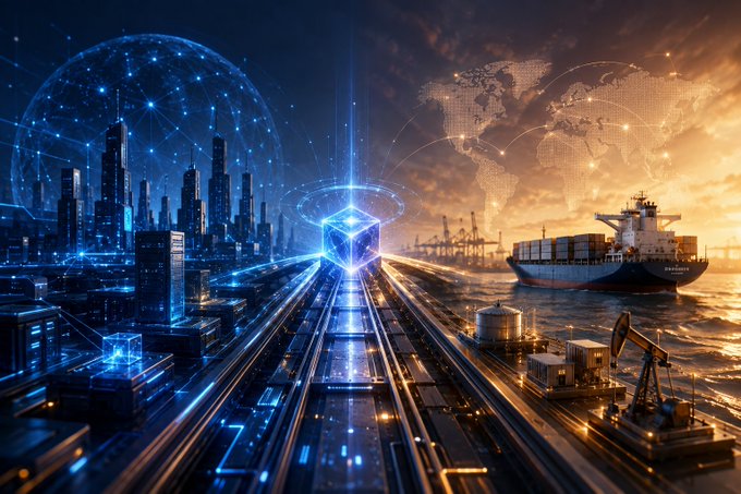 A futuristic split-scene depicts a glowing blue digital city and blockchain cube on the left transforming into a golden, real-world industrial port with cargo ships and oil rigs on the right, symbolizing the convergence of digital infrastructure and physical assets. Faint world map overlays and a partially visible name "Patricia" appear on the ship, reinforcing the image's metaphor of real-world assets (RWA) being brought onchain.