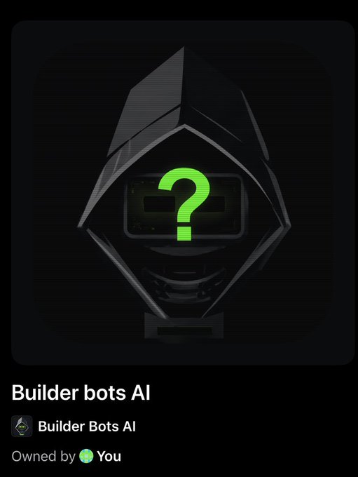 A dark-themed app icon featuring a hooded figure with a green question mark, labeled 'Builder bots AI' and 'Owned by You'.