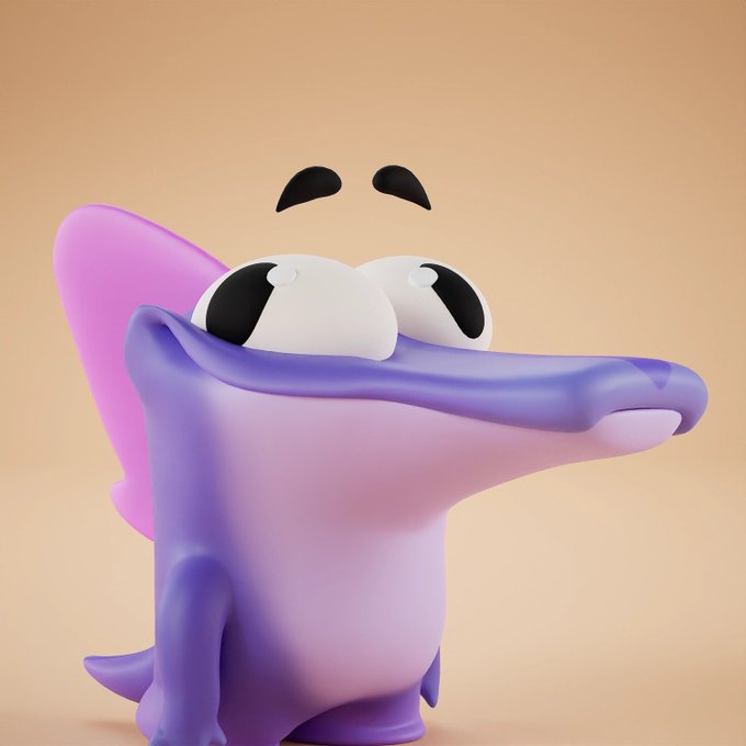 A 3D rendered cartoon character resembling a purple and pink axolotl or shark with large googly eyes, raising its eyebrows in an amused expression against a peach background.