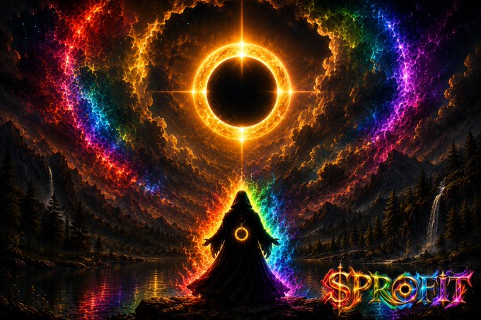 A fantasy digital artwork featuring a cloaked figure standing before a glowing solar eclipse surrounded by a rainbow-colored cosmic vortex, with the stylized text 'SPRORT' in the corner.