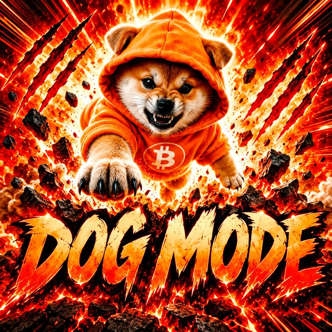 A vibrant, explosive image of a Shiba Inu dog wearing an orange hoodie with a Bitcoin logo, bursting through fiery debris with the text 'DOGMODE' below.