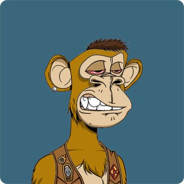 A Bored Ape Yacht Club NFT with reddish-brown fur, half-lidded eyes, and a wide grin, wearing a stud earring and what appears to be a vest or harness with badges. The image directly illustrates the post, which advertises a BAYC ape NFT for sale to fund the purchase of a 4-trait BAYC.