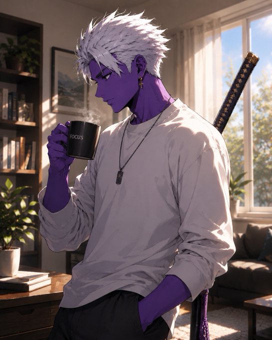 An anime-style illustration of a purple-skinned character with white spiky hair drinking from a black mug labeled 'FOCUS' in a sunlit room.