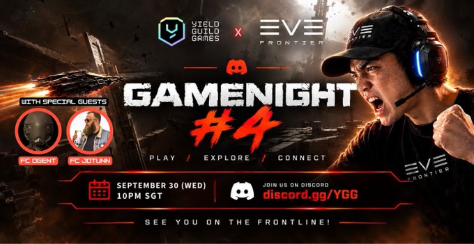 A promotional banner for 'GAMENIGHT #4' advertises a collaboration between VYLO Guild Games and EVE Frontier on September 30 at 10PM SGT via Discord, featuring special guests FC DBENT and FC JOTUNN.