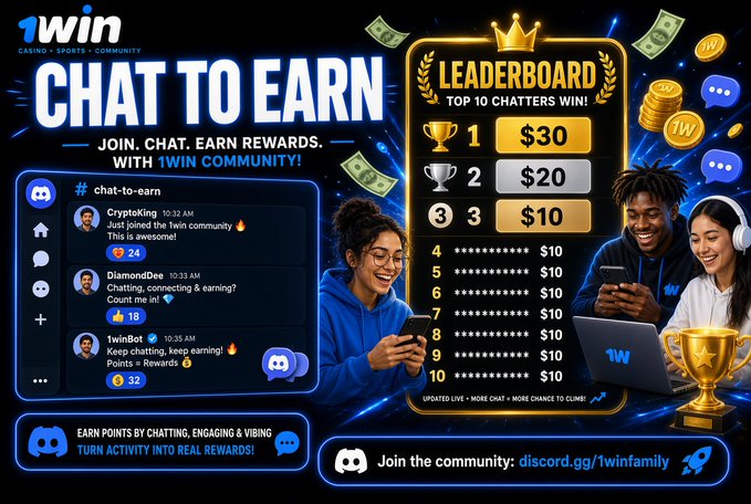 An advertisement for '1win' community's 'Chat to Earn' program on Discord, showing a leaderboard with cash prizes up to $30 and chat examples.