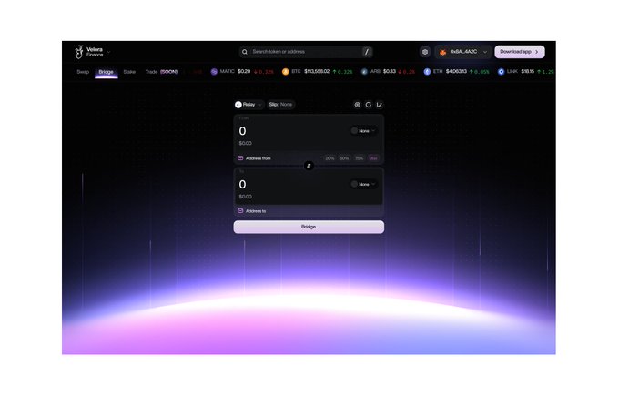A screenshot of the Velora Finance "Bridge" interface, showing a token transfer form with "From" and "To" fields set to 0, displaying MATIC ($0.20), SOL ($13,566.02), ARB ($0.33), ETH ($4,063.10), and LINK ($19.18) prices in the top navigation bar. The dark-themed UI with a glowing purple gradient background reflects the design's aim of creating a fast, smooth, and trustworthy Web3 platform for swapping and bridging tokens.