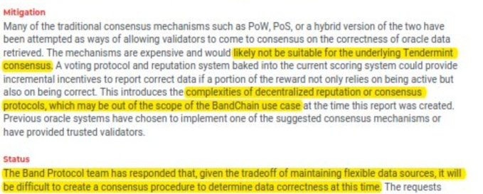 A screenshot of a text document discussing "Mitigation" and "Status" regarding oracle data and consensus protocols contains sections highlighted in yellow.
