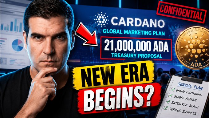 A man in a black shirt looks thoughtfully at the camera beside text highlighting Cardano's proposed 21,000,000 ADA treasury allocation for a global marketing plan, with a checklist of services including brand positioning and global agency work. The image visually promotes the YouTube video announcing Cardano's ambitious marketing initiative.