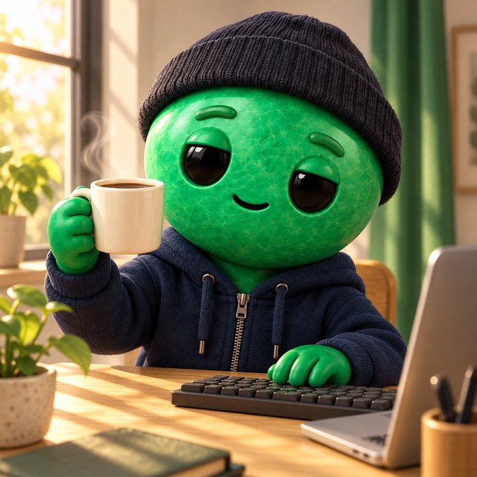 A green 3D-rendered emoji-style character wearing a black beanie and blue hoodie holds a steaming coffee mug while sitting at a desk with a keyboard and laptop in a sunlit room.