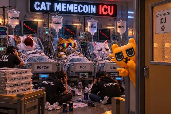 A surreal, meme-style image showing an 'ICU' for cat memecoins, where cats named POPCAT, MOG, and MEW are in hospital beds attached to IVs labeled 'MARKETING', 'INFLUENCERS', 'DEV FUNDING', and 'HYPE'.