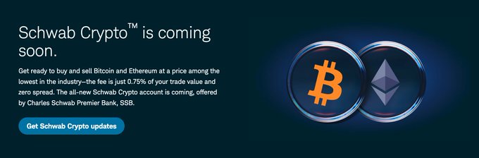 A promotional banner for "Schwab Crypto™" announcing the upcoming launch of a Bitcoin and Ethereum trading account with 0.75% fees, though the post critiques these fees as expensive by crypto trading standards.
