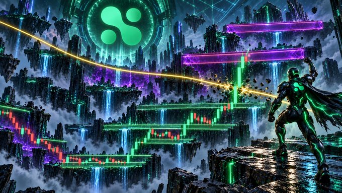 A vibrant digital artwork depicting a futuristic financial landscape with candlestick charts and a symbol, featuring a caped character wielding red beams.