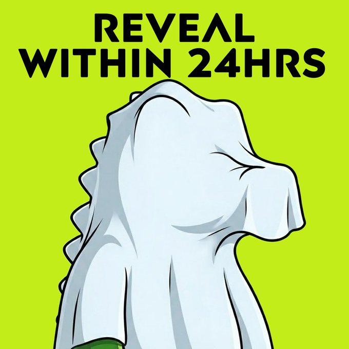 The image features an illustrated character completely concealed under a white sheet against a bright green background, with bold black text at the top reading "REVEAL WITHIN 24HRS." This visual teaser aligns with the post's promise of an upcoming reveal, with the hidden figure symbolizing the mystery surrounding the next phase of the $CHOMP project after the DEV wallet minting and treasury additions.