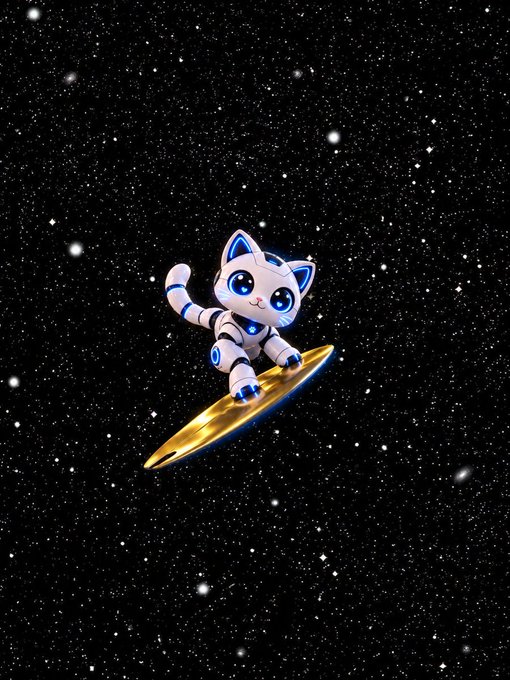 A cute robotic cat with blue eyes surfing on a golden board through a starry space background.