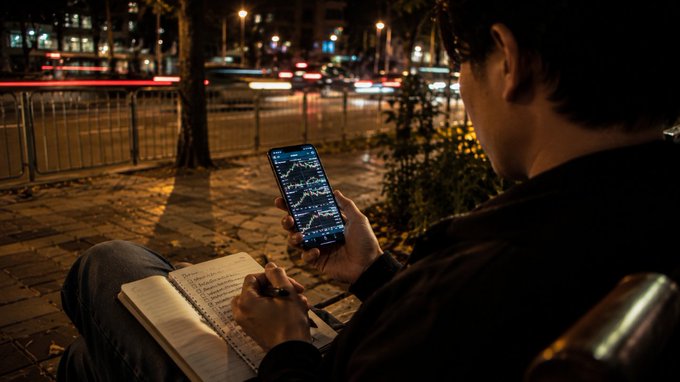 A person sits outdoors at night holding a smartphone displaying a stock chart, with a notebook and pen resting on their lap and city lights visible in the background.