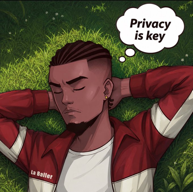 An illustrated character with a fade haircut and a red "La Baller" jacket lies on grass with a thought bubble reading "Privacy is key," visually echoing the post's emphasis on BeldexCoin's privacy-focused mission.
