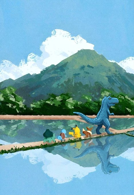 An illustration shows a blue dinosaur-like creature walking alongside smaller creatures on a path by a reflective lake with green mountains in the background.
