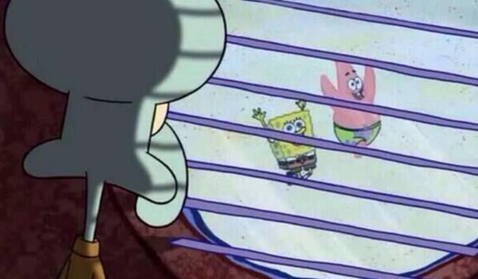 A silhouette of Squidward looking through window blinds at a panicked SpongeBob and Patrick, humorously illustrating the post's reference to "hyperliquid" secretly watching the tickers "ZEC" and "LIT."