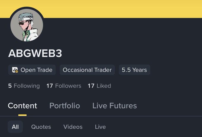 The image shows a Binance Square profile for user "ABGWEB3," tagged as an "Open Trade" and "Occasional Trader" with "5.5 Years" of experience, featuring 17 followers and 17 likes. The post announces the user's commitment to actively creating crypto content on Binance Square starting the next day, aligning with the platform shown in the profile screenshot.