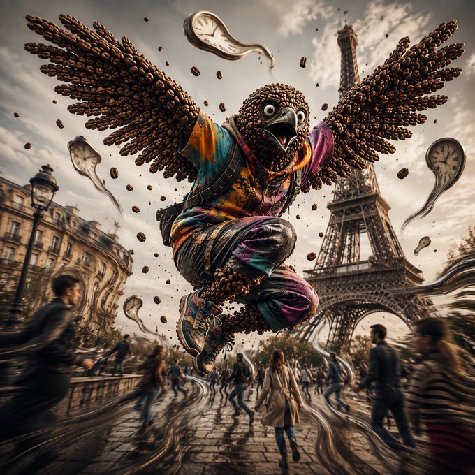 A surreal digital artwork depicting a giant anthropomorphic bird made of coffee beans wearing colorful streetwear, jumping in front of the Eiffel Tower while people run in panic as melting clocks float in the sky, evoking a Salvador Dalí-esque scene.