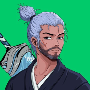 A stylized portrait of a white-haired, bearded man in dark traditional clothing with a sword over his shoulder, shown against a bright green background. It illustrates an “IRL PFP Arc” transformation from “Old Parker” to “New Parker.”