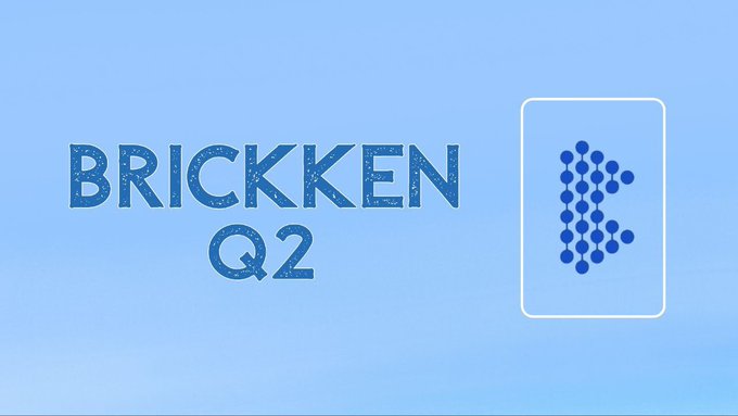 The image displays "BRICKKEN Q2" in bold blue text alongside a stylized "B" logo composed of dots, set against a light blue background—serving as a title card that complements the post's summary of Brickken's Q2 milestones, including $660M+ in tokenized assets and 150+ clients across 40+ countries.
