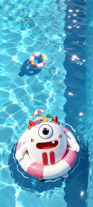 3D rendered illustration of a cute, one-eyed white monster character wearing a fruit hat and sitting on a pink and white striped inflatable ring, floating in a bright blue swimming pool with another small ring floating nearby.
