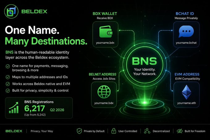 Beldex promotional graphic for BNS (Beldex Name Service) titled "One Name. Many Destinations." showing 6,217 registrations in Q2 2026 and features for wallet, BCHAT ID, BelNet address, and EVM address.