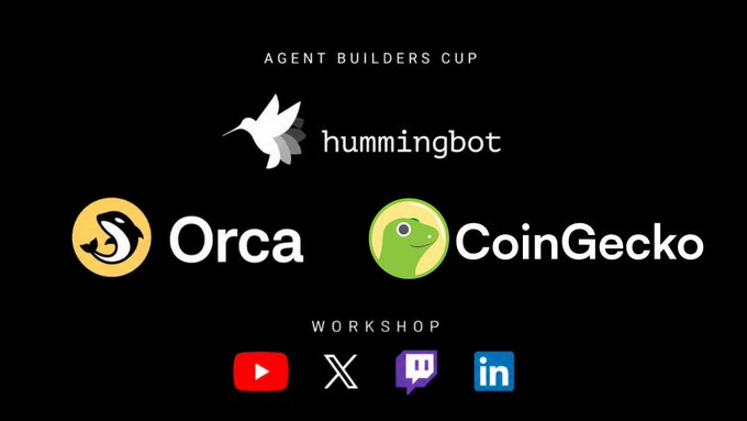 The image displays the "Agent Builders Cup" header with logos for Hummingbot, Orca, and CoinGecko, along with social media icons (YouTube, X, Twitch, LinkedIn) labeled as "Workshop." The branding visually reinforces the post about a workshop hosted by Orca and Hummingbot, where attendees will learn to build an AI trading agent using Hummingbot's Condor harness on the Orca DEX, with CoinGecko likely providing market data integration.