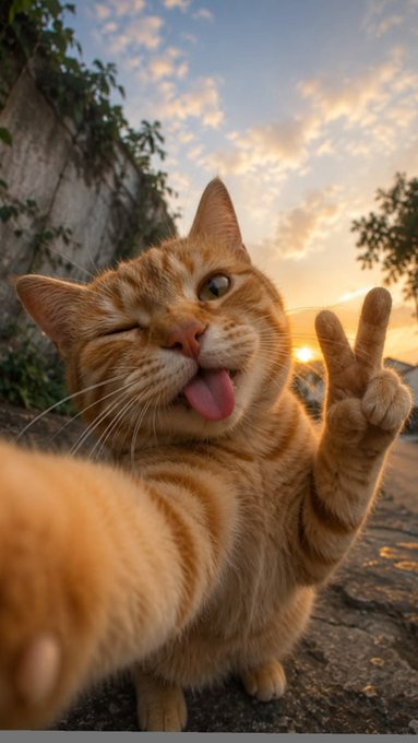 An orange tabby cat winks, sticks out its tongue, and holds up a paw in a peace sign against a sunset backdrop.