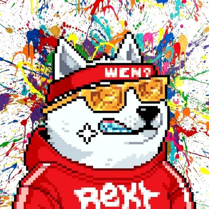 A pixel art illustration of a white cat character wearing pixelated sunglasses, a red backwards cap with 'WEHY' text, and a red 'REKT' shirt, set against a colorful paint-splatter background.