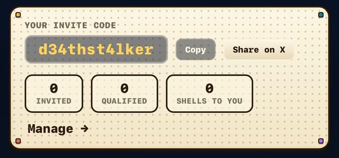 A referral interface displaying invite code 'd34thst41ker' with stats showing 0 invited, 0 qualified, and 0 shells to you.