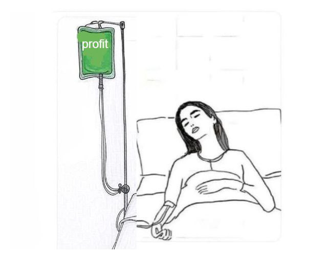 The image features a woman lying down in bed, hooked up to an IV bag that has been labeled "profit". This unusual setup suggests that she might be receiving treatment or care for some medical condition, possibly related to her financial situation. The caption above the image reads "What all degens need right now", which could be interpreted as a call for support and understanding of people facing similar challenges in their lives.

The post also mentions an idea about how to help those who are struggling with money by suggesting that they should "focus on what is in the image". This implies that the viewer should pay attention not only to the visual elements but also to the underlying message or theme, which could be related to financial difficulties and the importance of empathy and support for those experiencing such challenges.