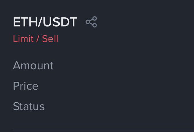Cryptocurrency trading interface showing an ETH/USDT limit sell order with fields for Amount, Price, and Status.